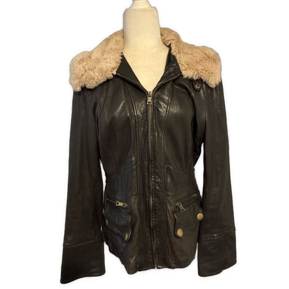 banana republic black genuine leather long sleeve jacket Shearling Lamb Collar L